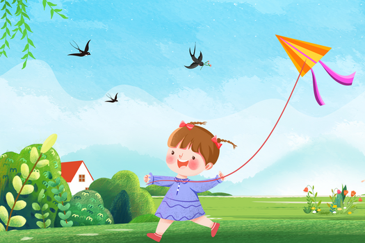 绿色卡通春天小女孩快乐放风筝插画