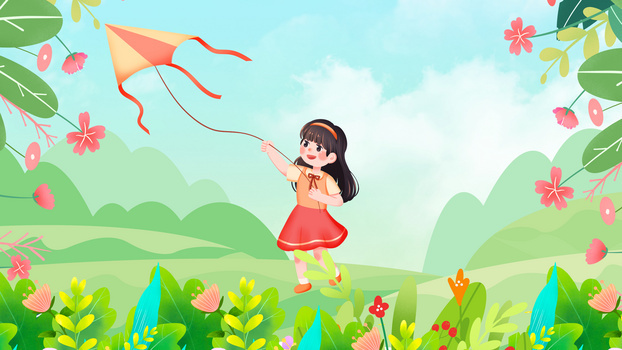 卡通春天小女孩放风筝插画
