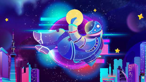 赛博朋克宇航员遨游太空航天日插画