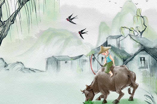中国风水墨清明节山水牧童骑牛节日插画