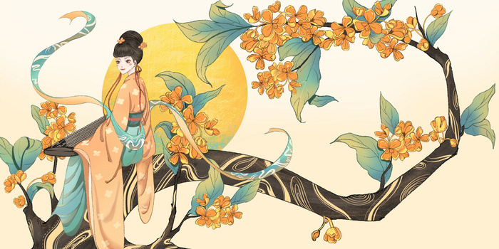 十二花神之黄色八月桂花神手绘背景