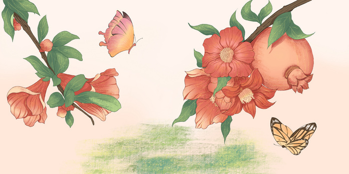 红色免抠五月石榴花手绘背景