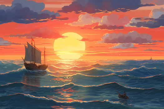 梦幻天空唯美晚霞浪漫海边日落插画