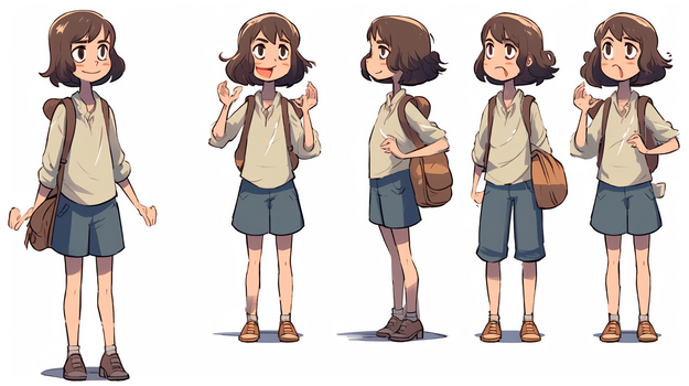 可爱的女孩全身5个不同动作神态创意插画
