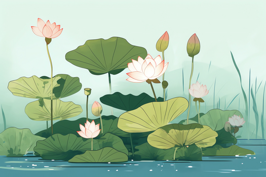 夏日池塘荷花特写中国风创意插画