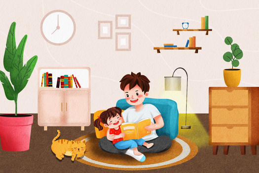 爸爸陪女儿看书阅读父亲节温馨插画