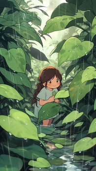 躲雨jpg像素:1632 x 2912格式: jpg下雨天可爱卡通女孩捧着玻璃瓶接