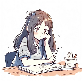 可爱卡通女孩对着作业一脸痛苦无从下手