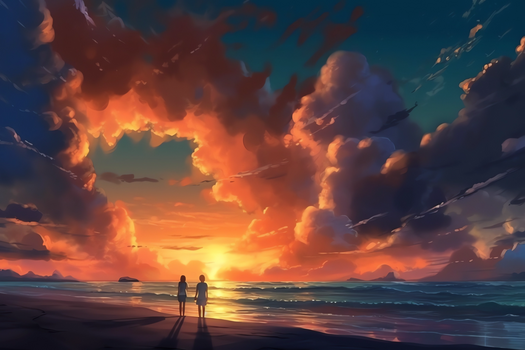 一对情侣在唯美的海边看日落