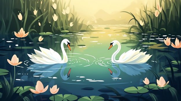 两只白天鹅在唯美的荷花池中