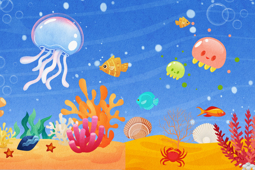 蓝色海底世界海洋日水草插画