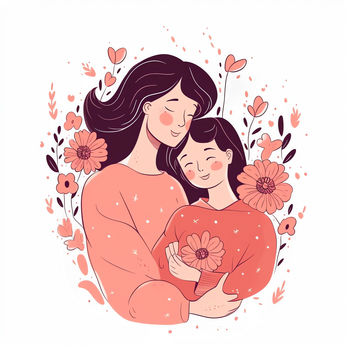 妈妈开心的抱着手捧鲜花的孩子jpg像素:2048 x 2048格式: jpg3d卡通风