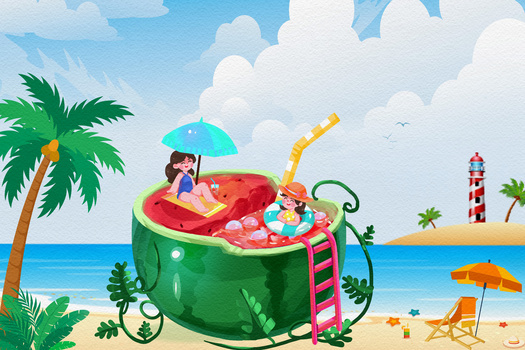 炎热酷暑夏至吃西瓜解暑插画