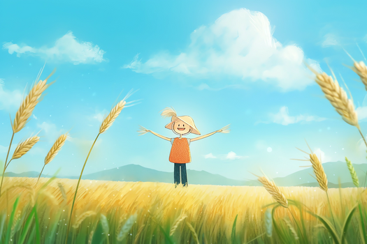 卡通风在麦田里拥抱阳光的稻草人插图
