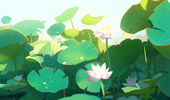 卡通风夏天荷塘里开放的唯美荷花 插画