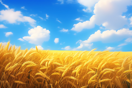 卡通唯美蓝天白云下的金黄色麦田插画
