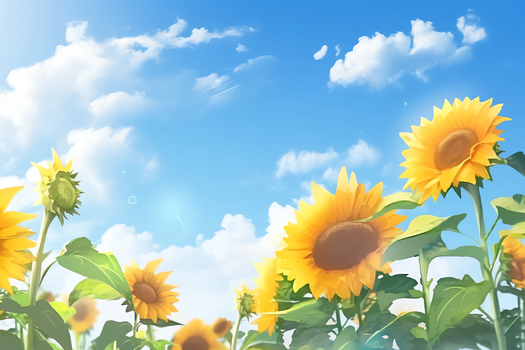 清新向日葵迎面在蓝天白云下