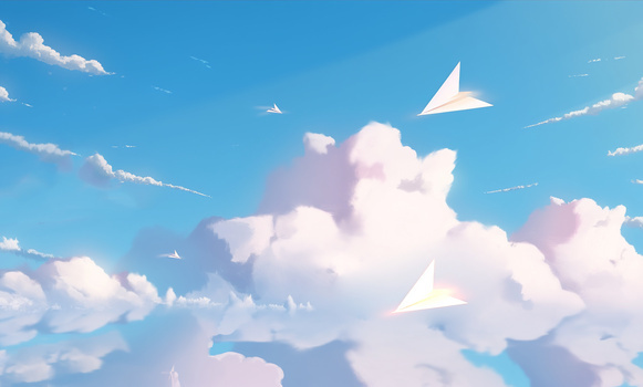唯美梦幻蓝天白云纸飞机