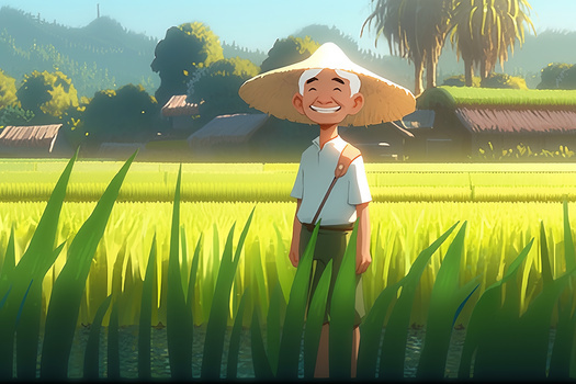 戴草帽的农民伯伯站在绿色的稻田里笑得很开心