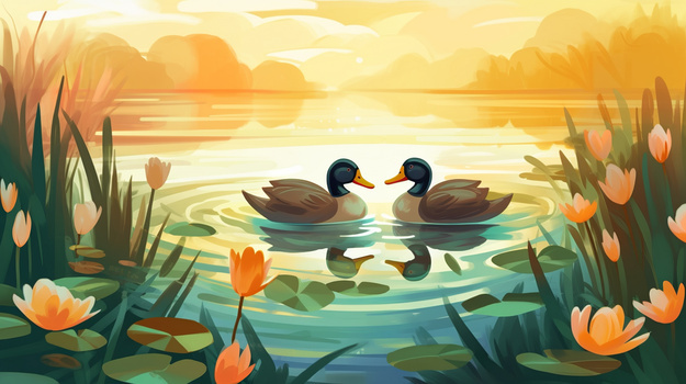 小男孩带小鸭子到小河里游泳插画图片素材下载_jpg格式_熊猫办公