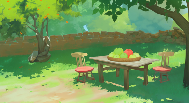 卡通风夏天院子里的桌子上摆放着新鲜的瓜果
