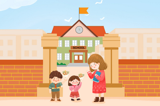 教师节校门口送花卡通插画