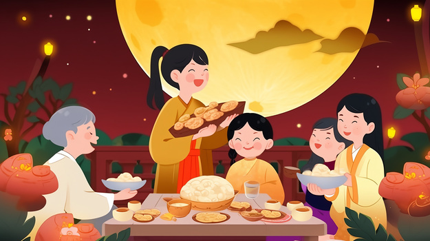 八月十五中秋节一家人团聚赏月中国传统节日创意插画