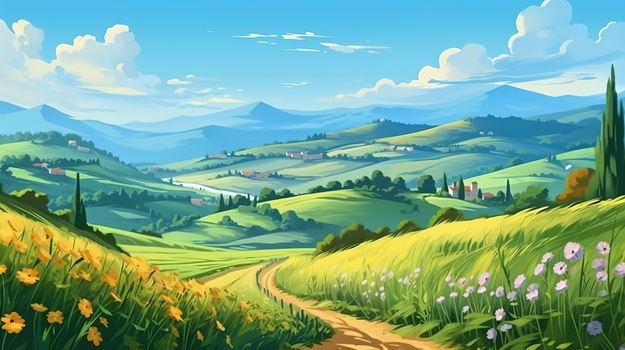 绿色夏季丘陵自然风景插画jpg像素:2912 x 1632格式: jpg可爱卡通风小