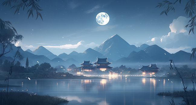 月夜下杭州西湖唯美湖景创意插画