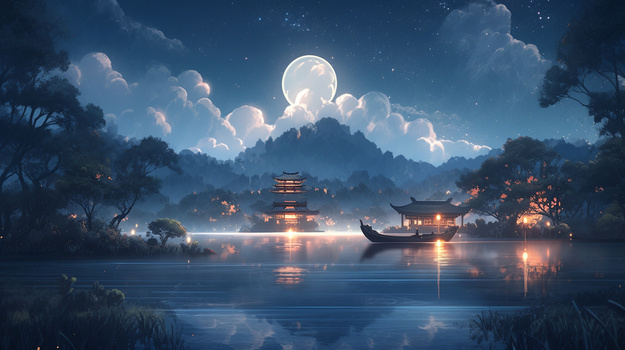 月夜下杭州西湖唯美湖景创意插画
