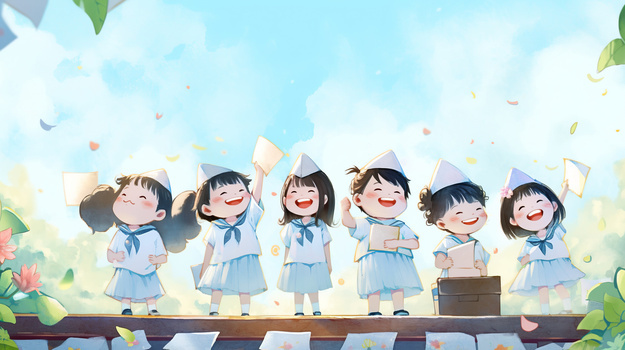 可爱的小朋友在幼儿园毕业晚会舞台上开心的合影拍照卡通插画