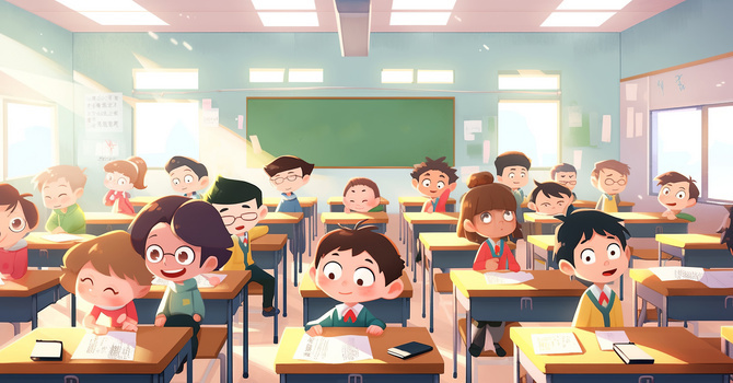 一群可爱的小学生在教室内坐在自己的座位上创意插画图片素材下载_jpg格式_熊猫办公