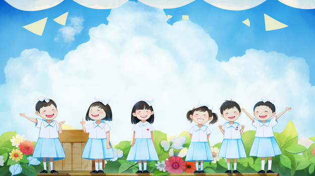 可爱的小朋友在幼儿园毕业晚会舞台上开心的合影拍照卡通插画
