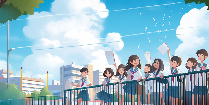 校园内毕业季教学楼学生站在围栏挥舞插画