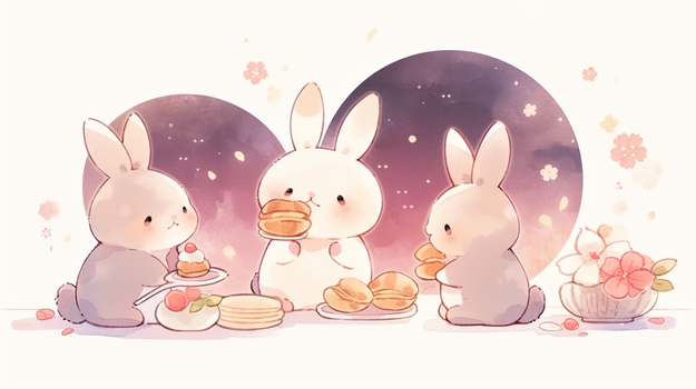 彩色中秋节兔子月饼插画