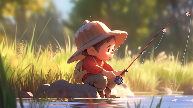 3d立体卡通钓鱼的小男孩唯美插画