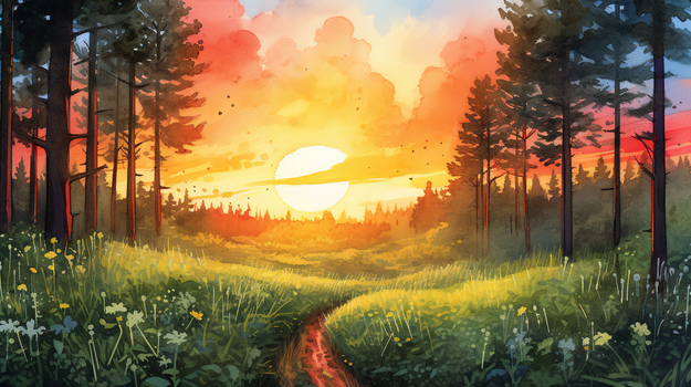 水彩手绘风阳光下的绿森林风景插画