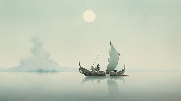 中国风唯美水彩小船山水插画