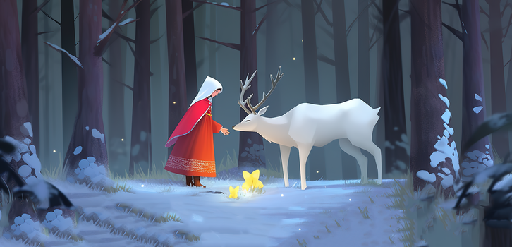 冬季森林穿红色斗篷的少女和白色的麋鹿创意插画