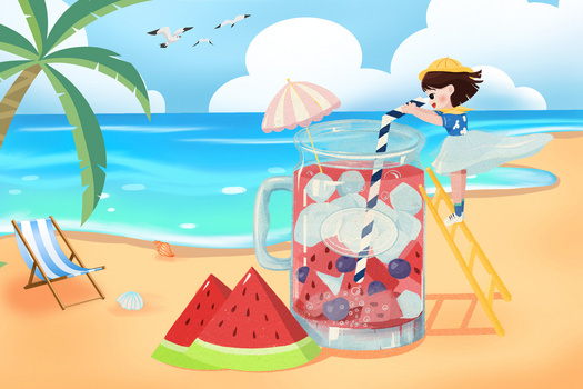 炎热夏季海边女孩喝饮料冰镇西瓜汁创意插画