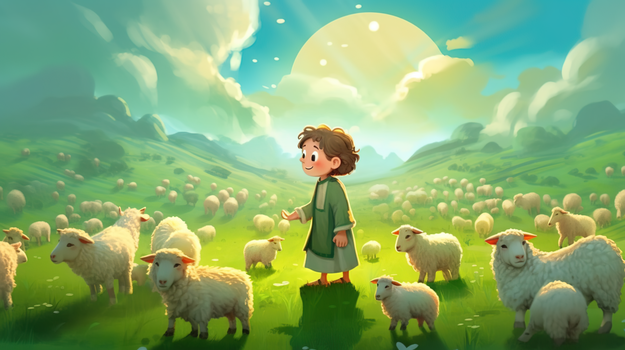 草原上放羊的卡通男孩插画