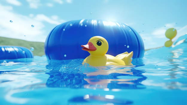 夏日游泳池上的小黄鸭游泳圈特写图片