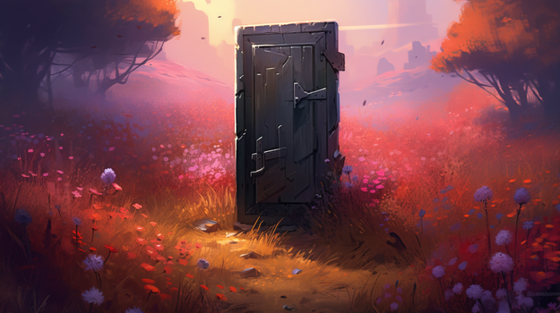唯美梦幻时光穿越花丛中的门插画