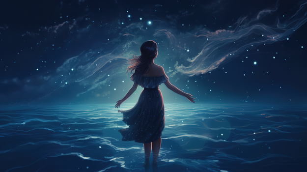 蓝色星空下海上少女人物插画jpg像素:2912 x 1632格式: jpg唯美梦幻