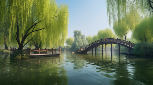 唯美小桥流水柳树风景图片