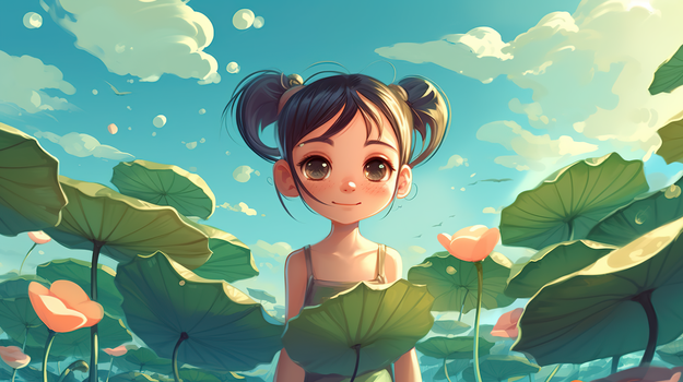 绿色唯美卡通荷叶上的女孩插画