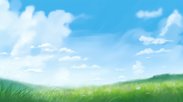 蓝天白云下的唯美绿色草地风景插画