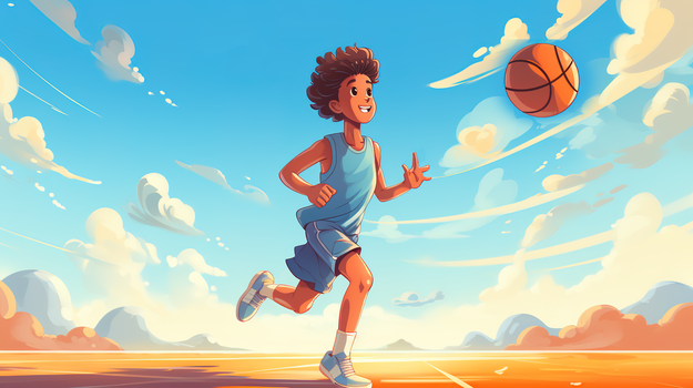 可爱卡通男孩开心的打篮球创意插画