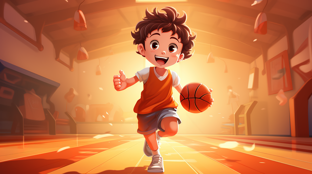 可爱卡通男孩开心的打篮球创意插画