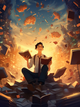 书海中的卡通少年人物插画